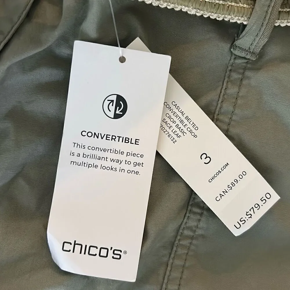 NWT Chicos 3 khaki color lightweight cargo pants convertible wear multiple ways